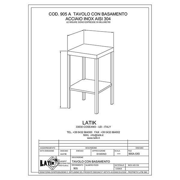 Tavolo piccolo in acciaio inox 905 A